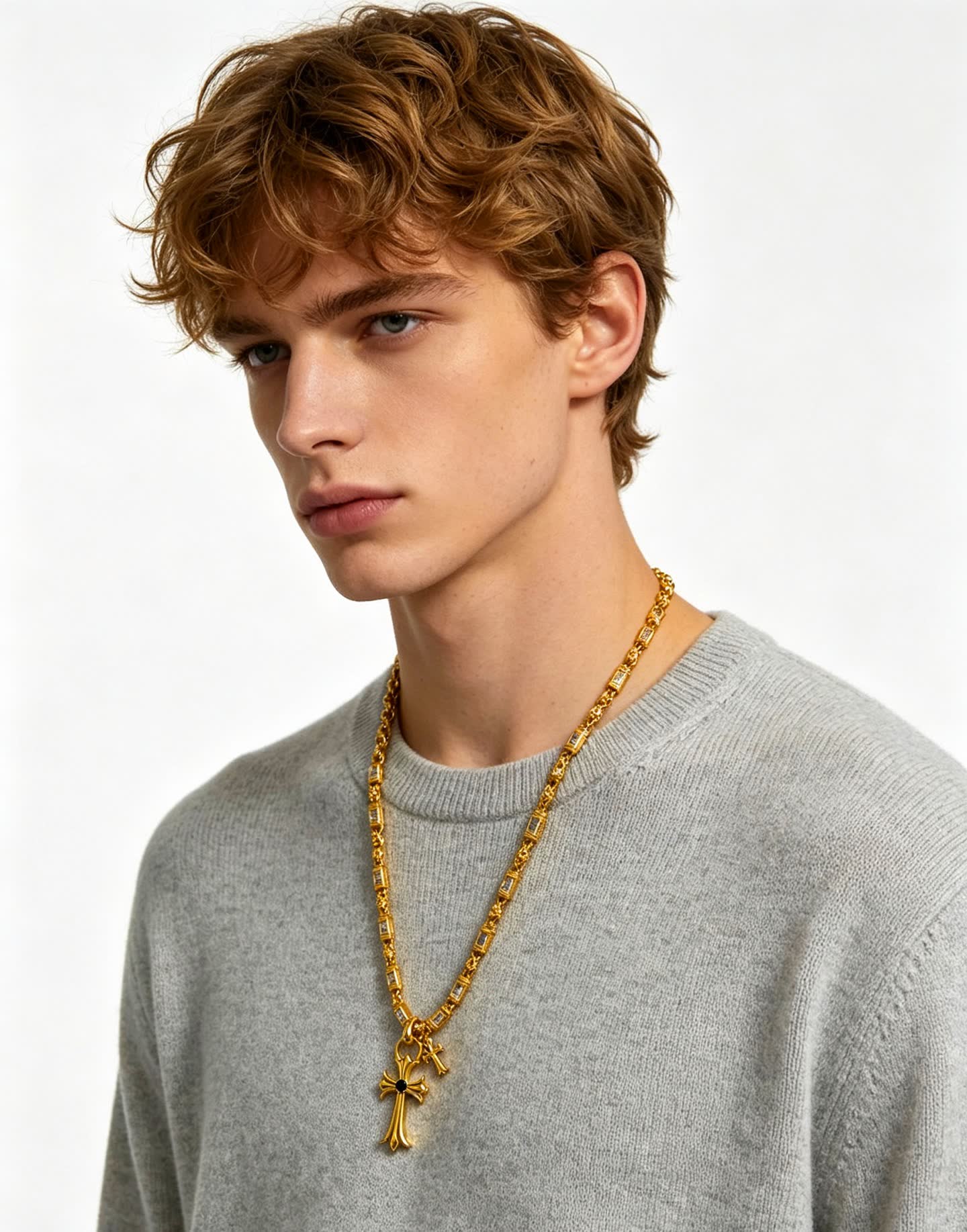 Chrome Hearts Gold Tone Crystal Cross Pendant Necklace